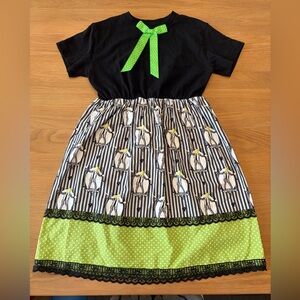 Girls Black & Lime Green Penguin Print Casual Dress with Bow